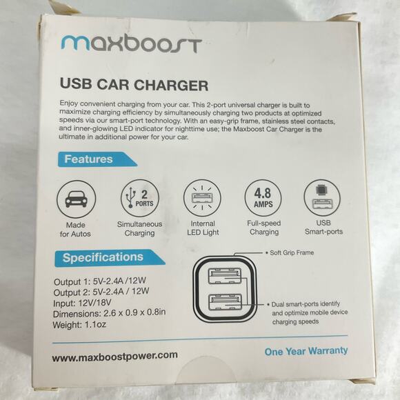 maxboost Dual-Port Universal USB Car Charger, white & gray - Picture 5 of 5